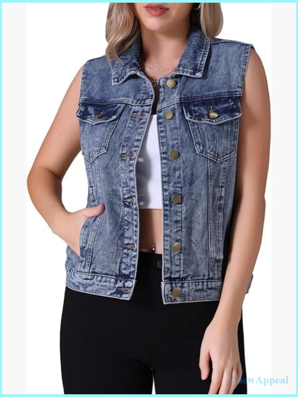 Sleeveless Denim Vest with Chest Pockets Washed Distressed Button Down